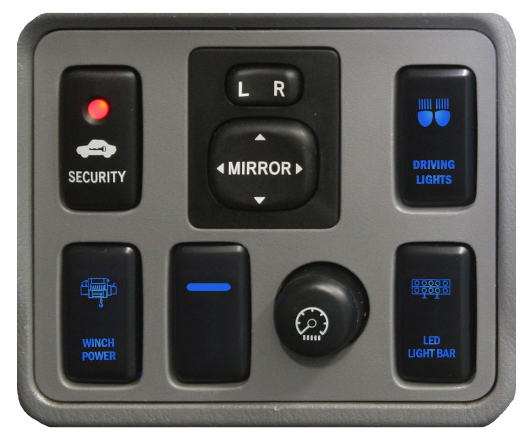 Example of Dash Panel from 2010 Toyota with AOBSW800 series Push Button Switches with dual LED LIGHTS in BLUE