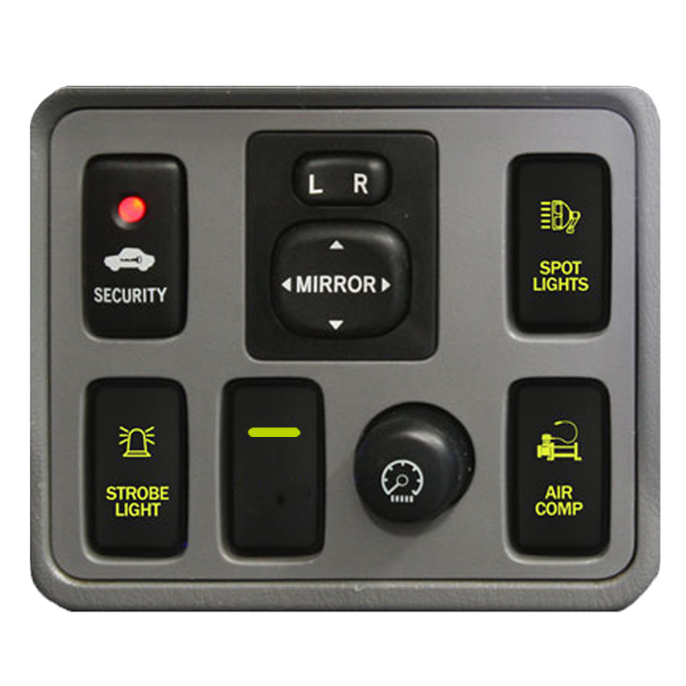 Example of Dash Panel from 2010 Hilux SR5 with AOBSW800 series Push Button Switches with dual LED LIGHTS in LIGHT GREEN