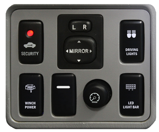 Example of Dash Panel from 2010 Toyota with AOBSW800 series Push Button Switches with dual LED LIGHTS in WHITE