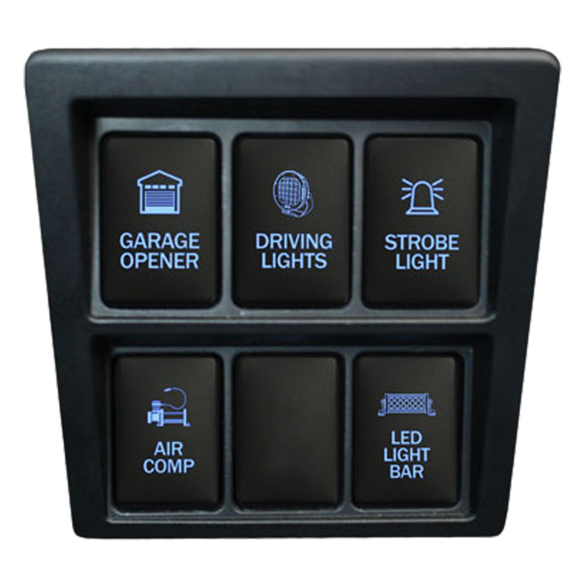 Dash Panel from 2016 current model Toyota Hilux with AOBSW900 series Toyota & Suzuki Push Switches with dual LED LIGHTS in LIGHT BLUE