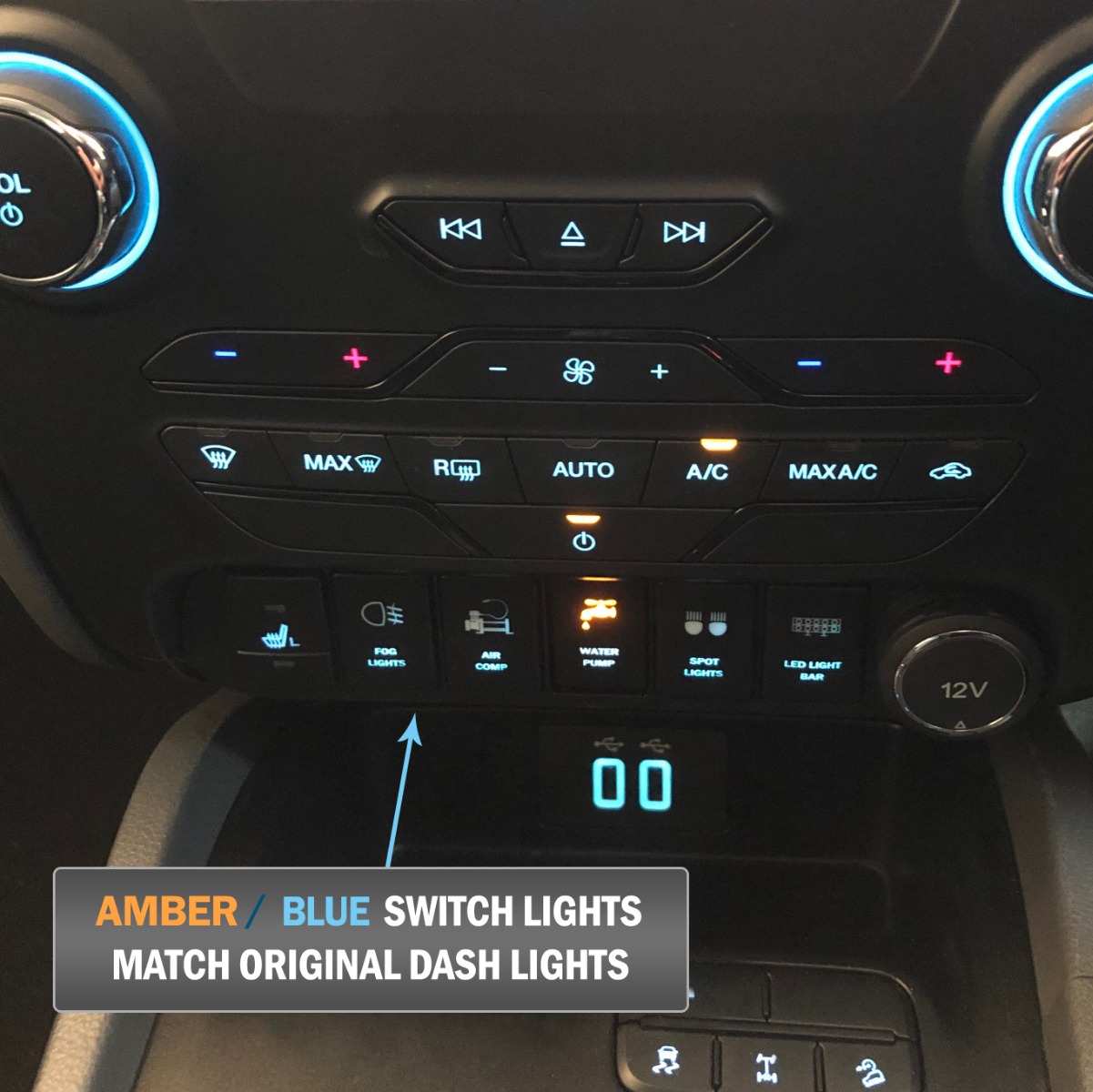 New Amber Light blue Ford Switches to match dash lights